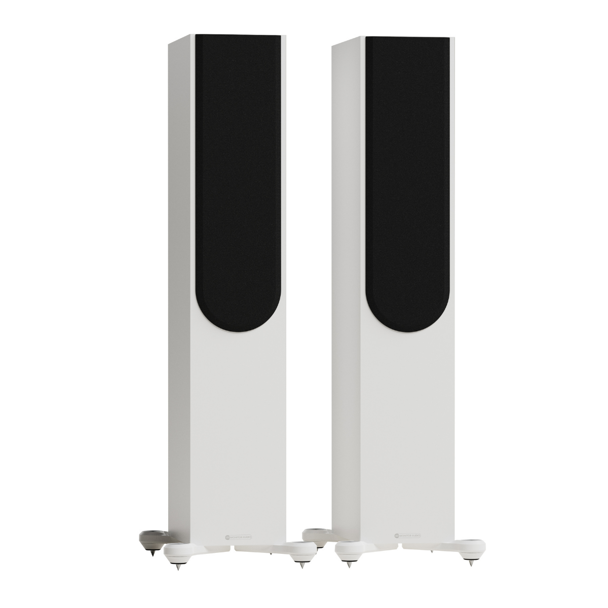 white pair of monitor audio silver 300 8g floorstanding speakers with grilles