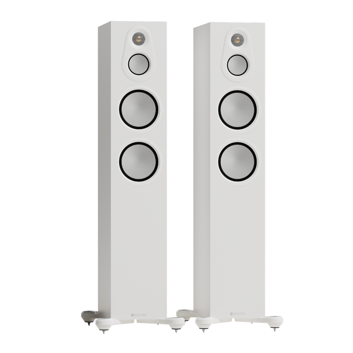 white pair of monitor audio silver 300 8g floorstanding speakers