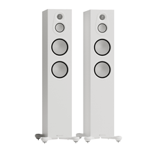 white pair of monitor audio silver 300 8g floorstanding speakers