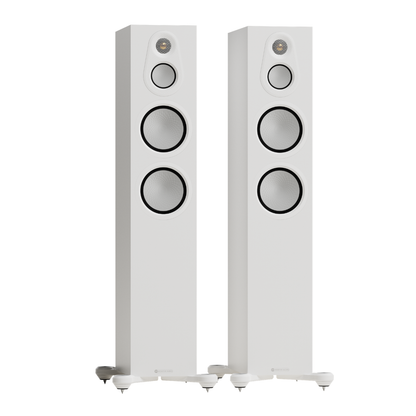 white pair of monitor audio silver 300 8g floorstanding speakers
