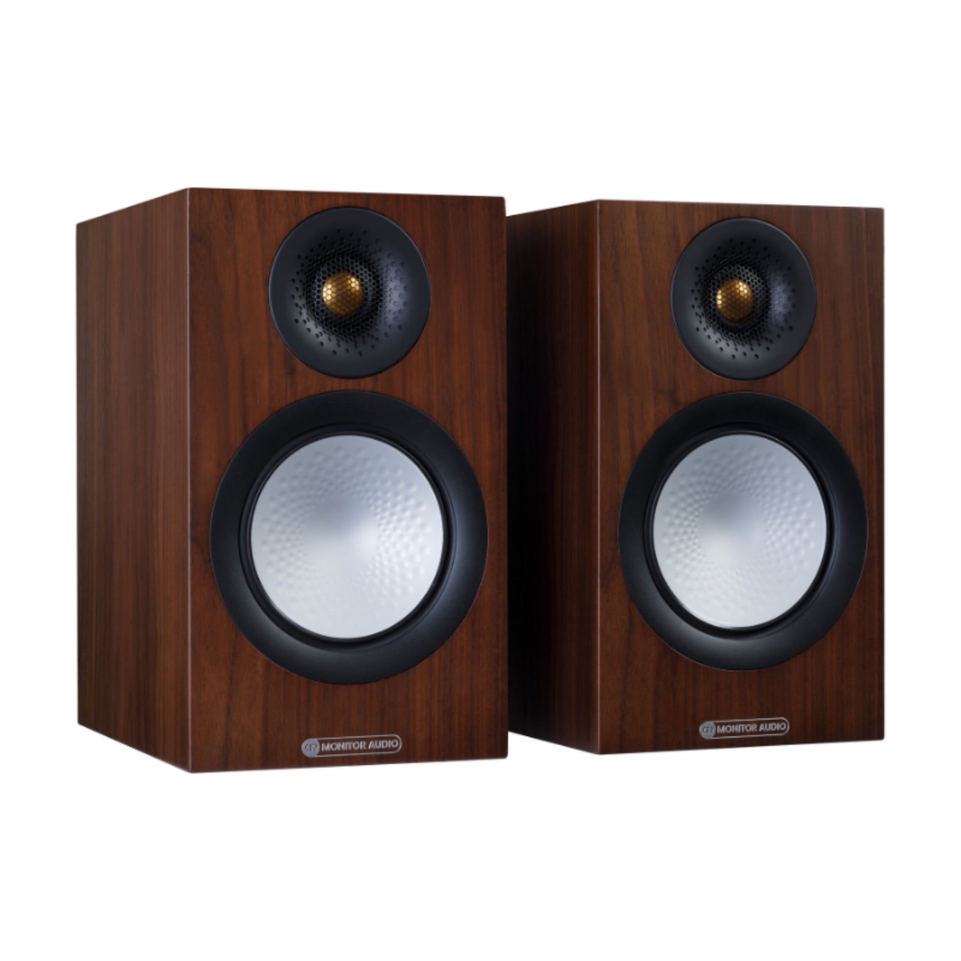 pair of Monitor Audio Silver Series 50 7G Bookshelf Speaker in walnut color