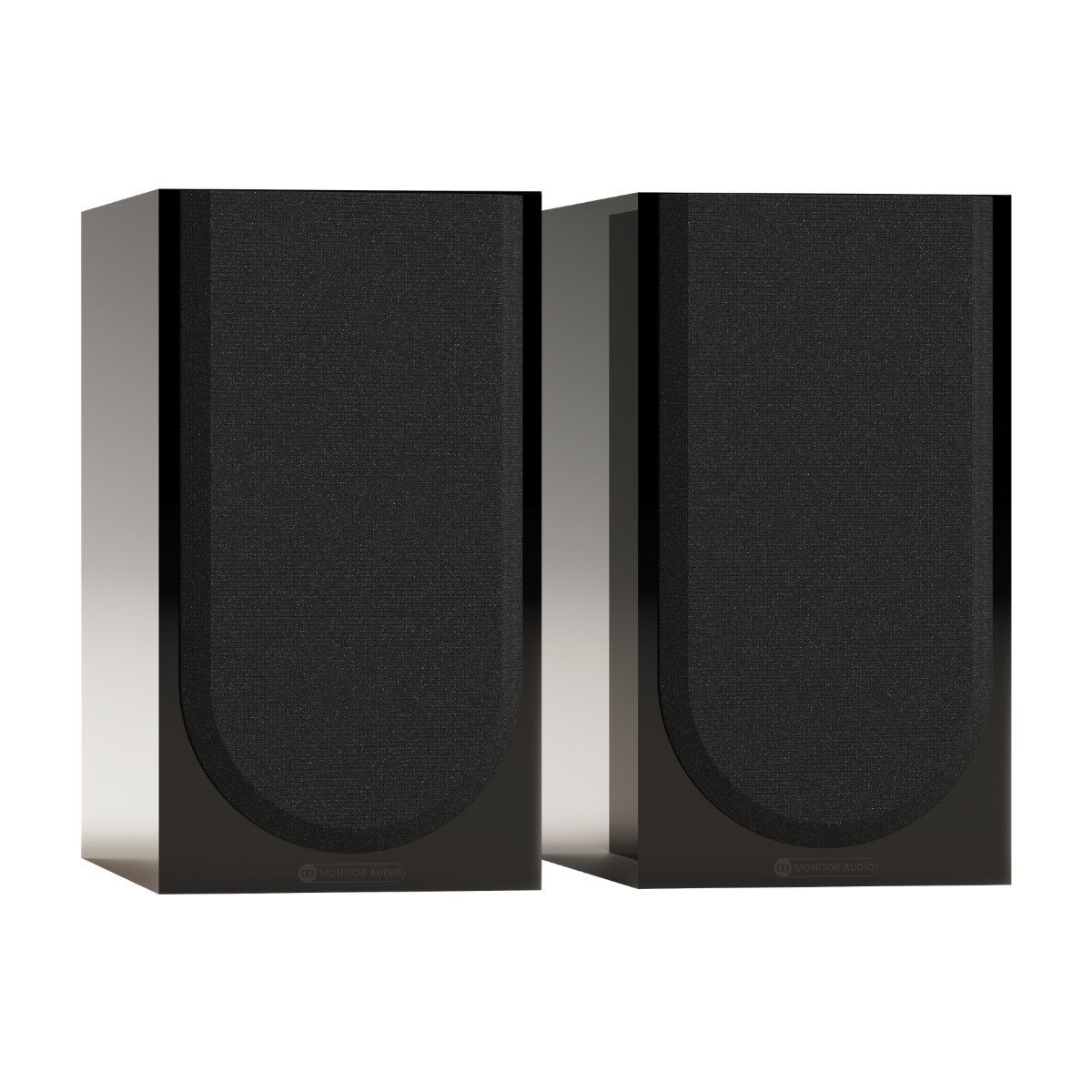 black pair of monitor audio silver 50 8g speakers with grilles
