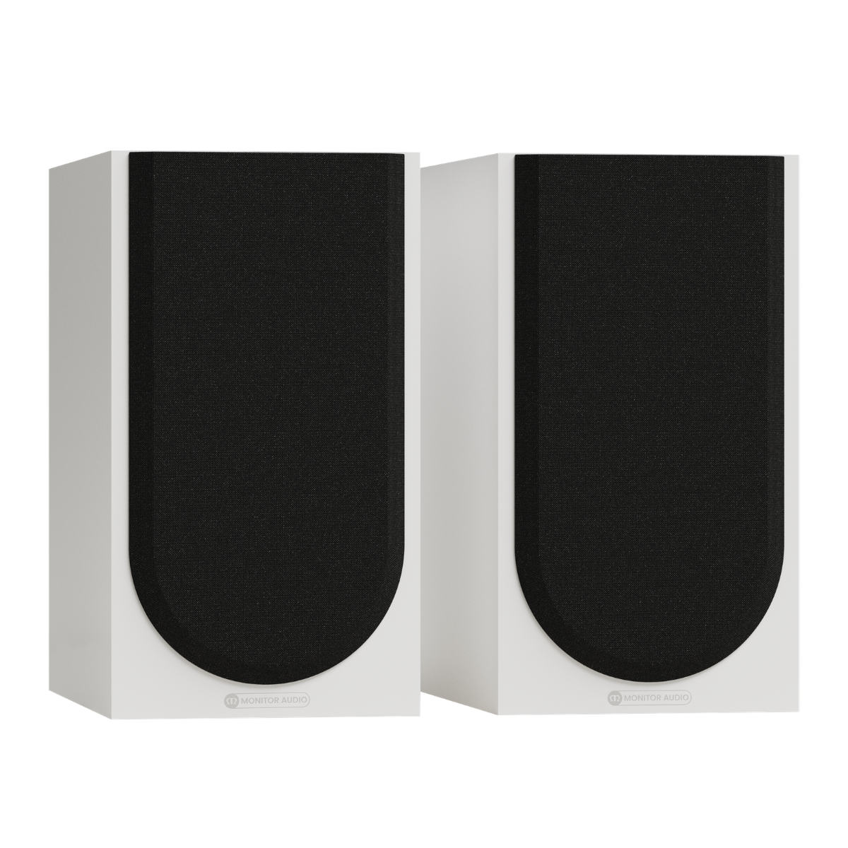 white pair of monitor audio silver 50 8g speakers with grilles