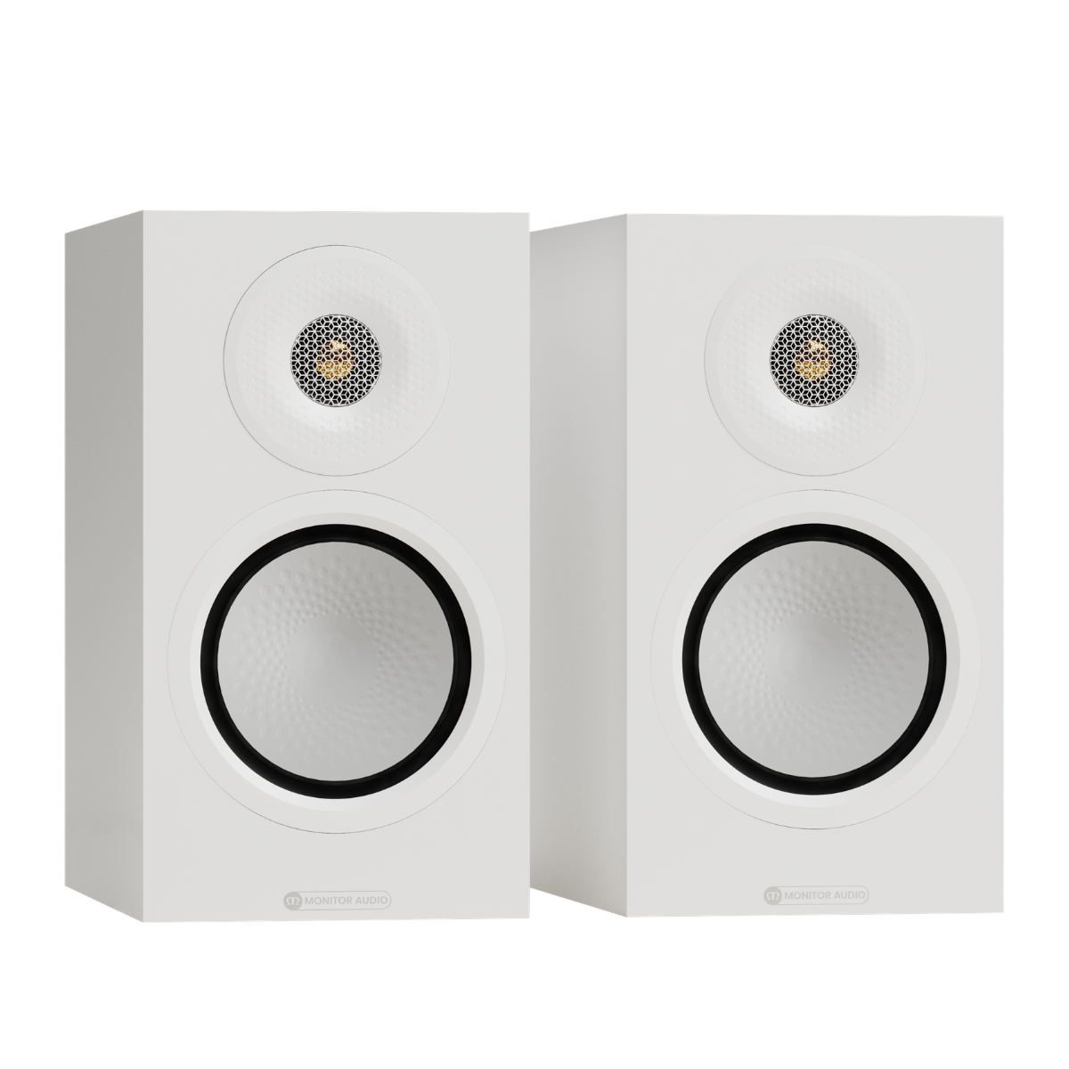 pair of monitor audio silver 50 8g speakers in white