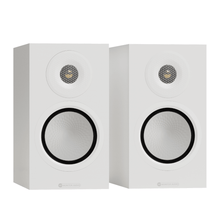 pair of monitor audio silver 50 8g speakers in white
