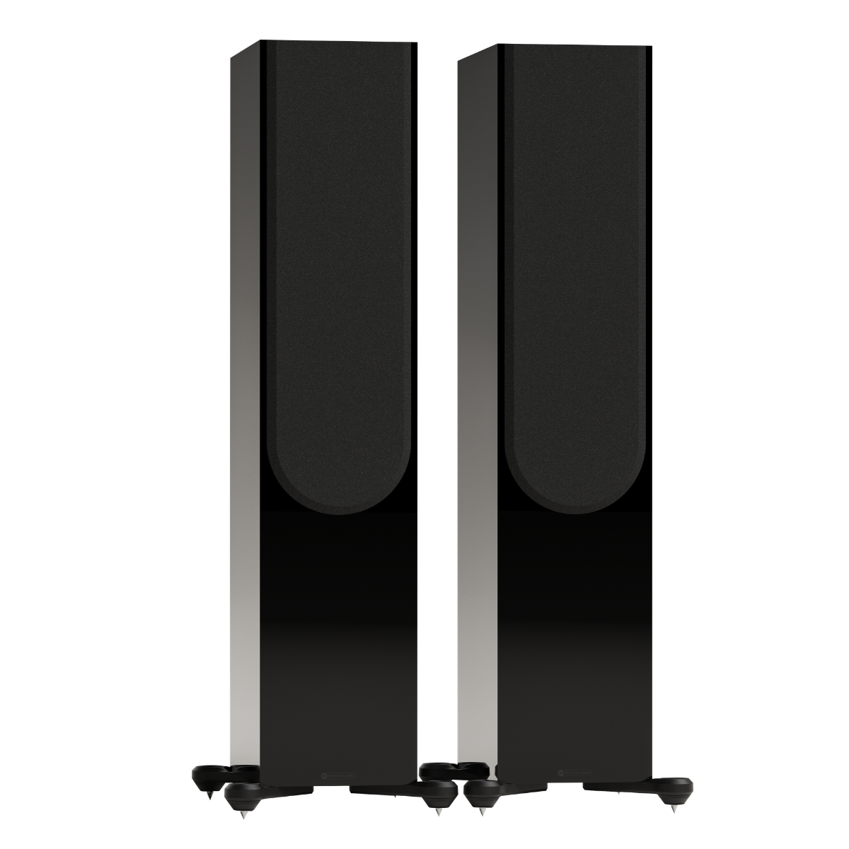 black pair of monitor audio silver 500 8g floorstanding speakers with grilles