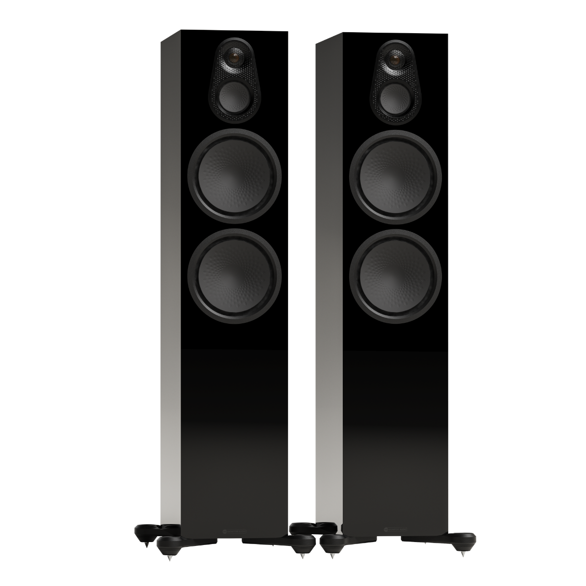 black pair of monitor audio silver 500 8g floorstanding speakers
