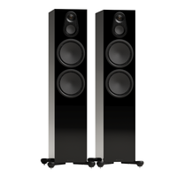 black pair of monitor audio silver 500 8g floorstanding speakers