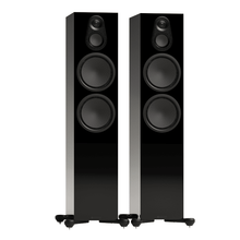 black pair of monitor audio silver 500 8g floorstanding speakers