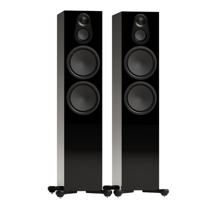 black pair of monitor audio silver 500 8g floorstanding speakers