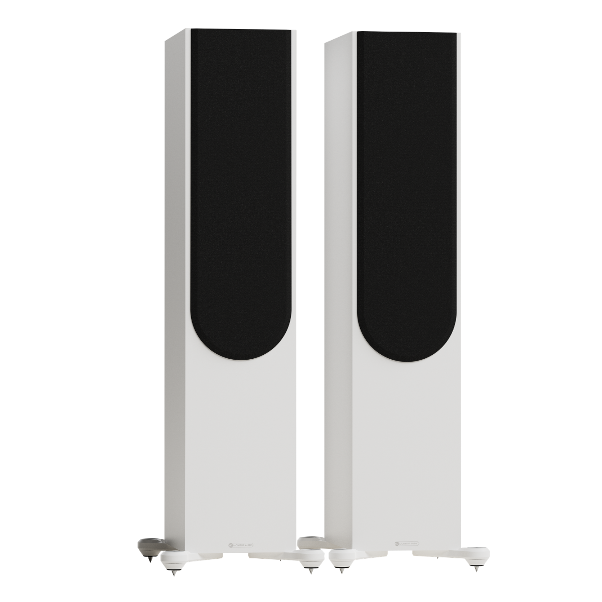 white pair of monitor audio silver 500 8g floorstanding speakers with grilles