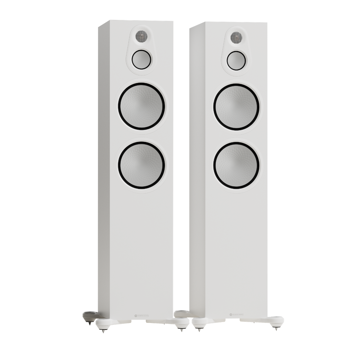white pair of monitor audio silver 500 8g floorstanding speakers