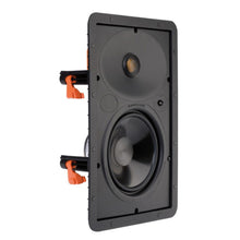 Black ceiling speaker with orange mounting hardware on a white background