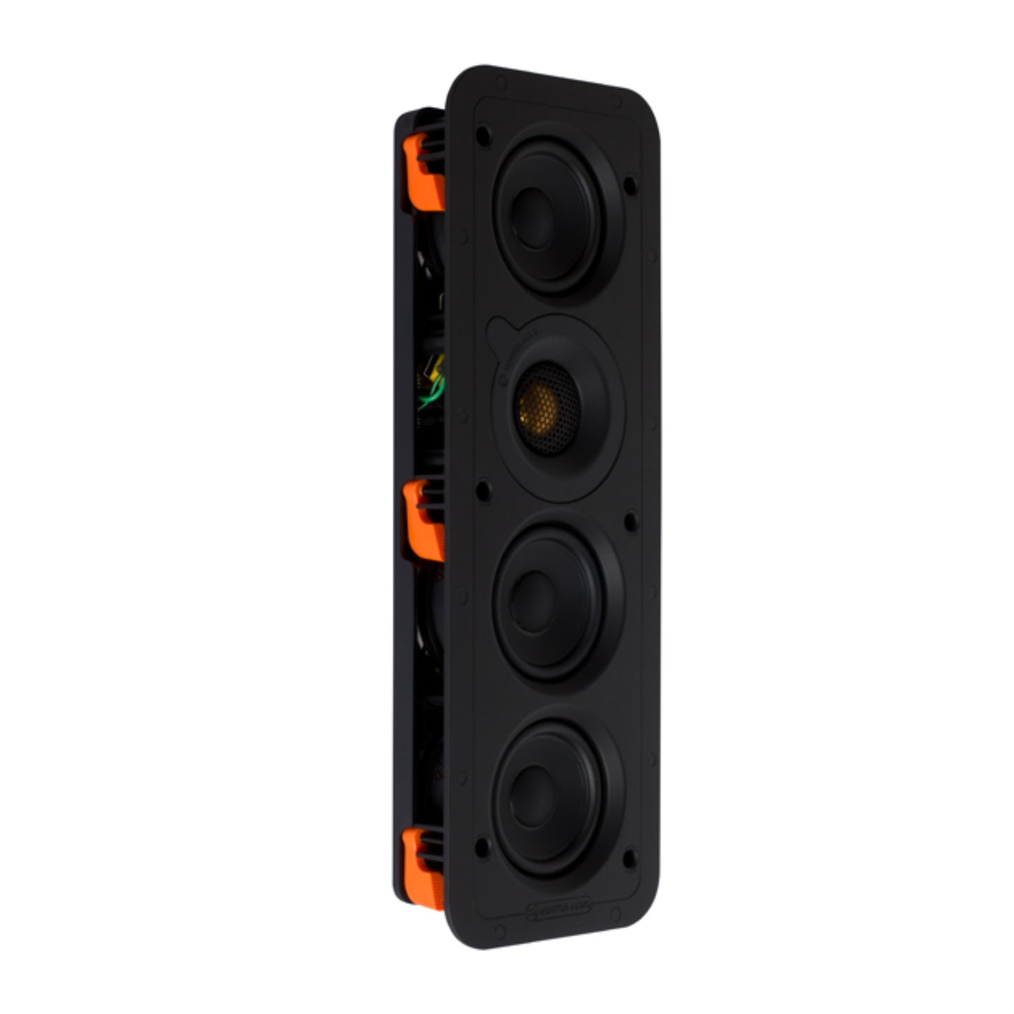Black electronic device with orange accents on a white background