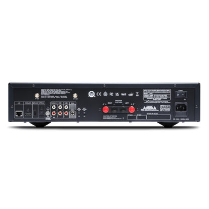 NAD C 359S rear panel showing LAN, HDMI eARC, optical, phono, line, and subwoofer inputs, speaker binding posts, and Wi-Fi and Bluetooth antennas