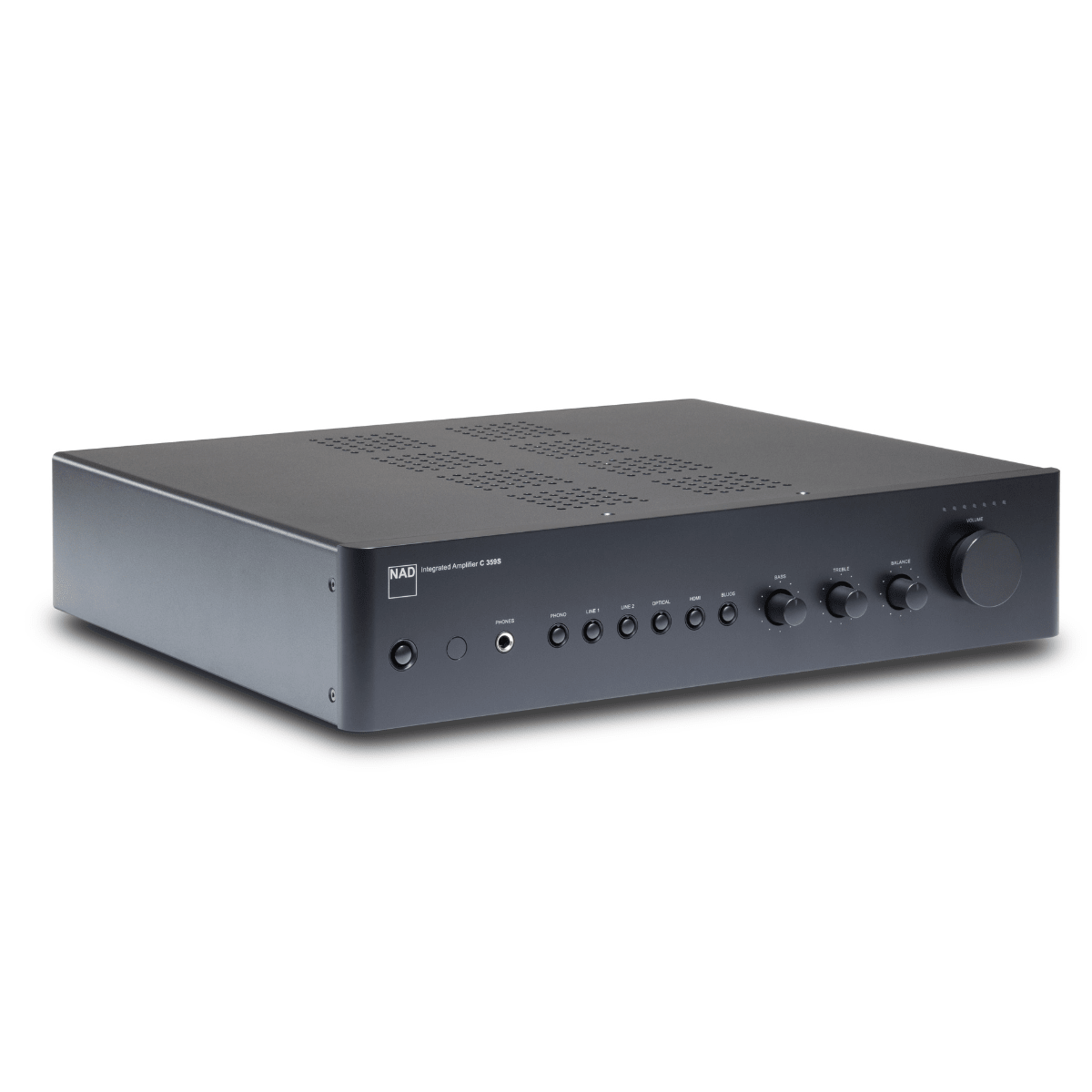 NAD C 359S integrated amplifier in matte black, angled view showing front panel input selectors, bass, treble, balance, and volume controls