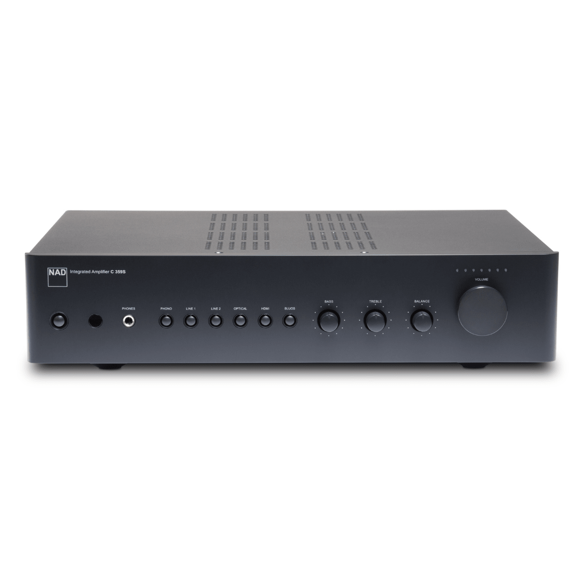 NAD C 359S integrated amplifier front panel with phono, line, optical, HDMI, and BluOS input buttons, bass, treble, balance knobs, headphone output, and volume control