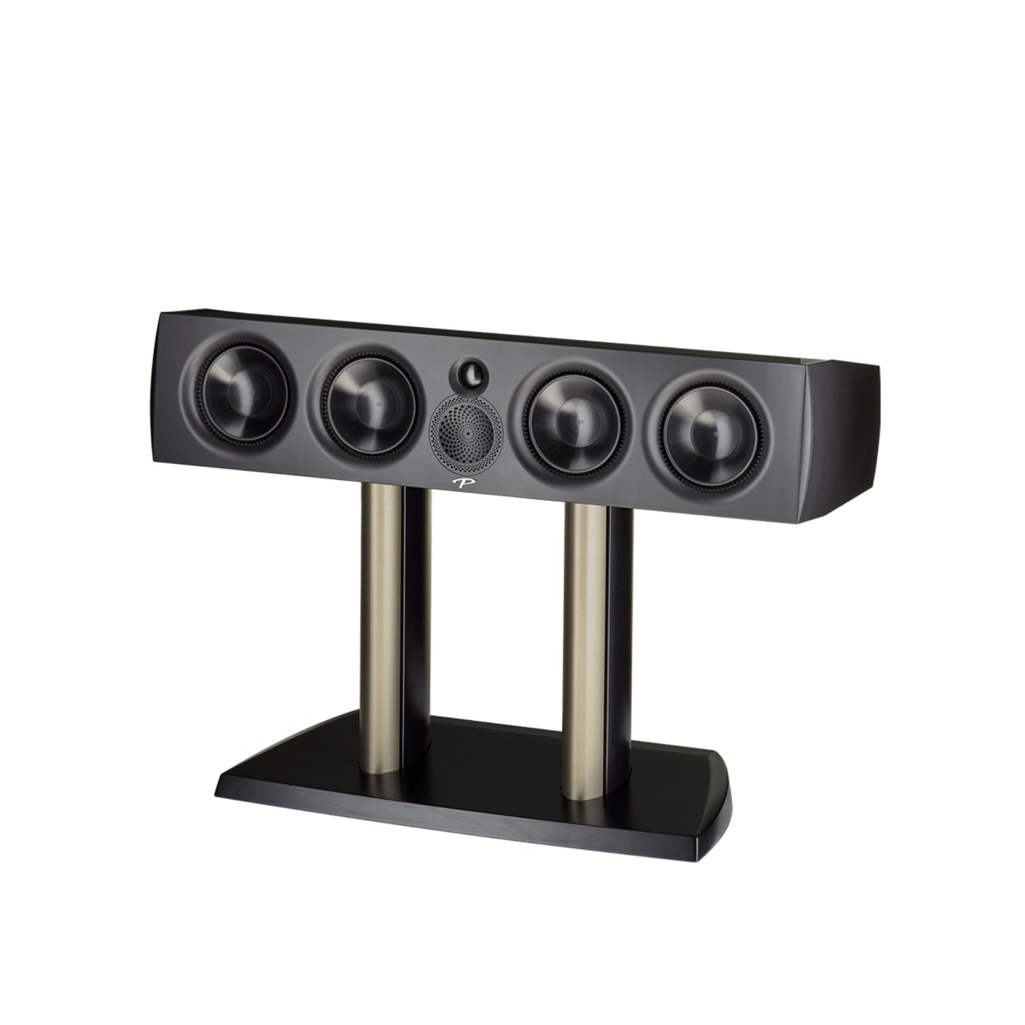 Center channel speaker on a stand with a white background