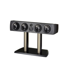 Center channel speaker on a stand with a white background