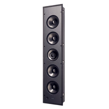Tall black speaker with multiple drivers on a white background