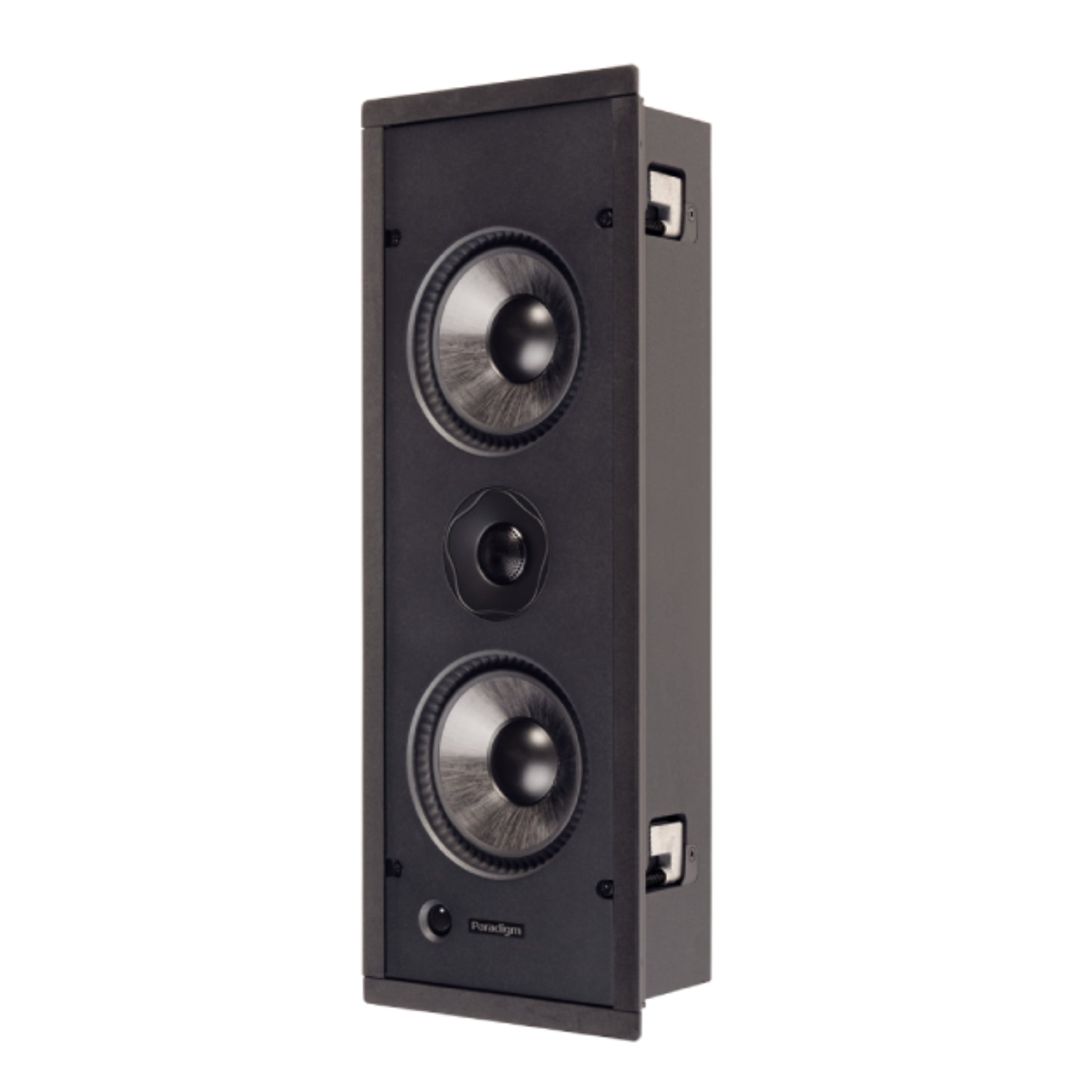 Black speaker with three circular drivers on a white background
