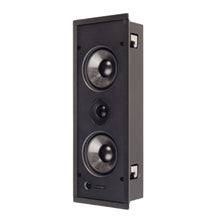 Black speaker with three circular drivers on a white background