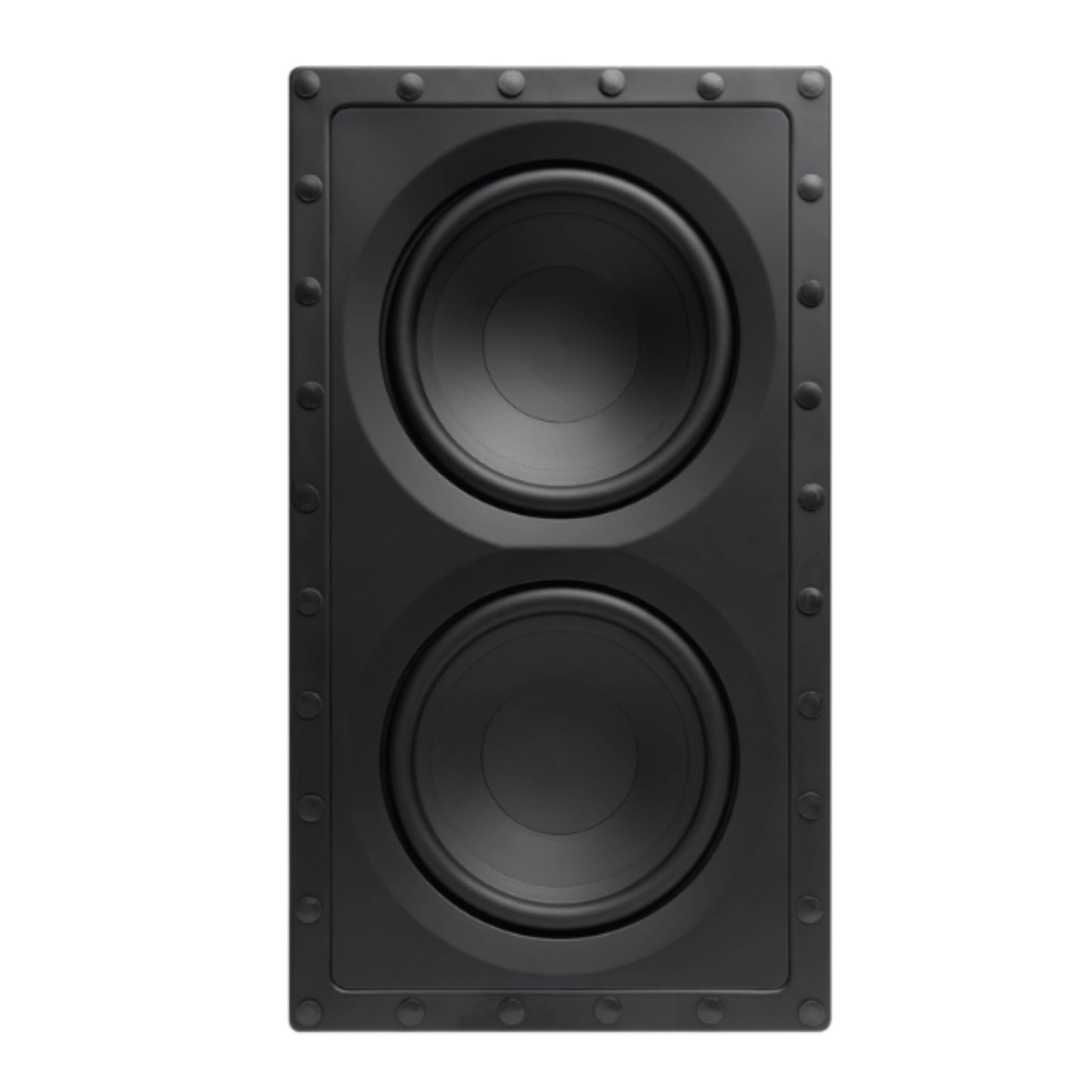 Black speaker with two subwoofers on a white background