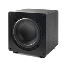 angled front view of paradigm essentials sub 10 subwoofer in black color