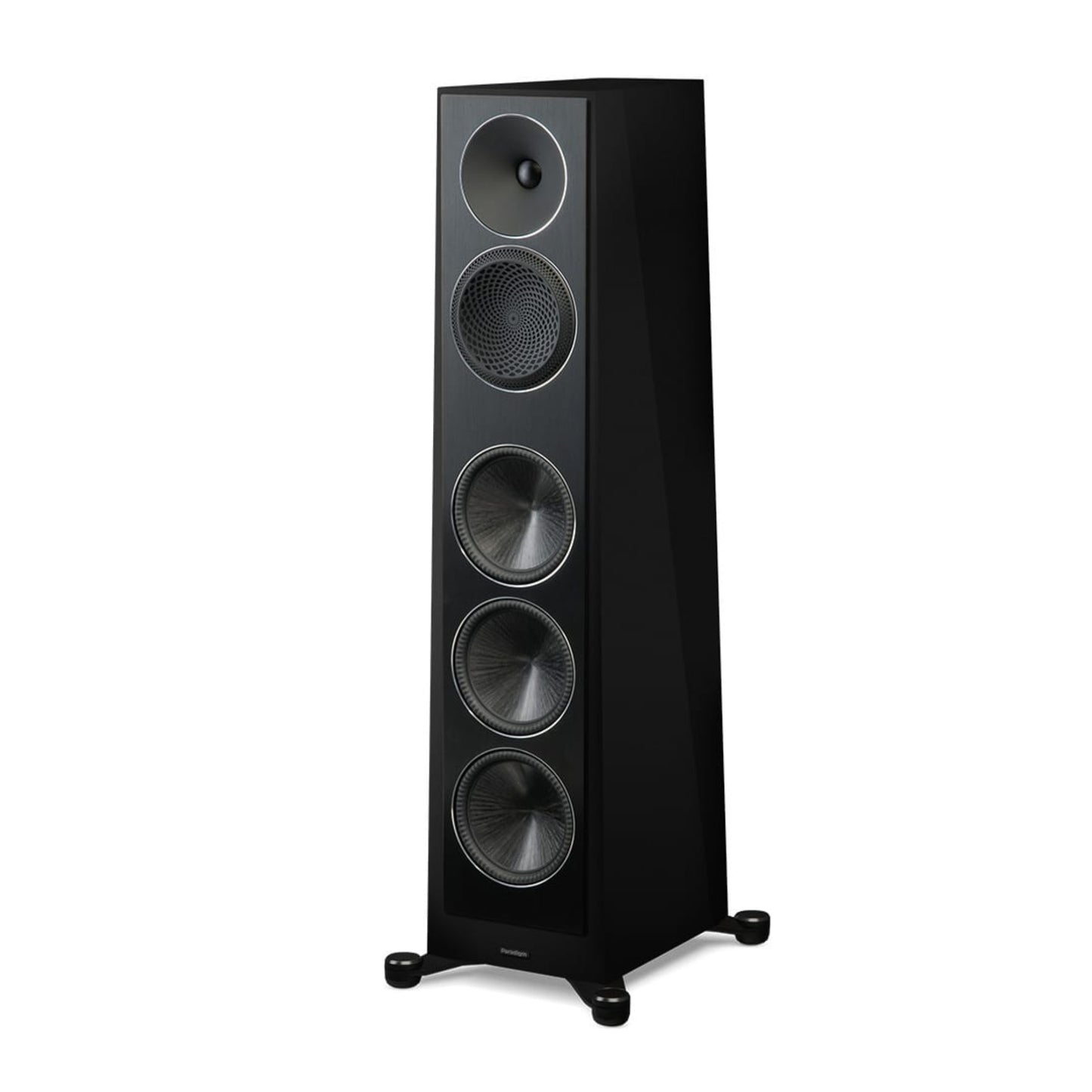 Black floor-standing speaker on a white background