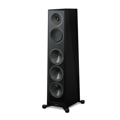 Black floor-standing speaker on a white background