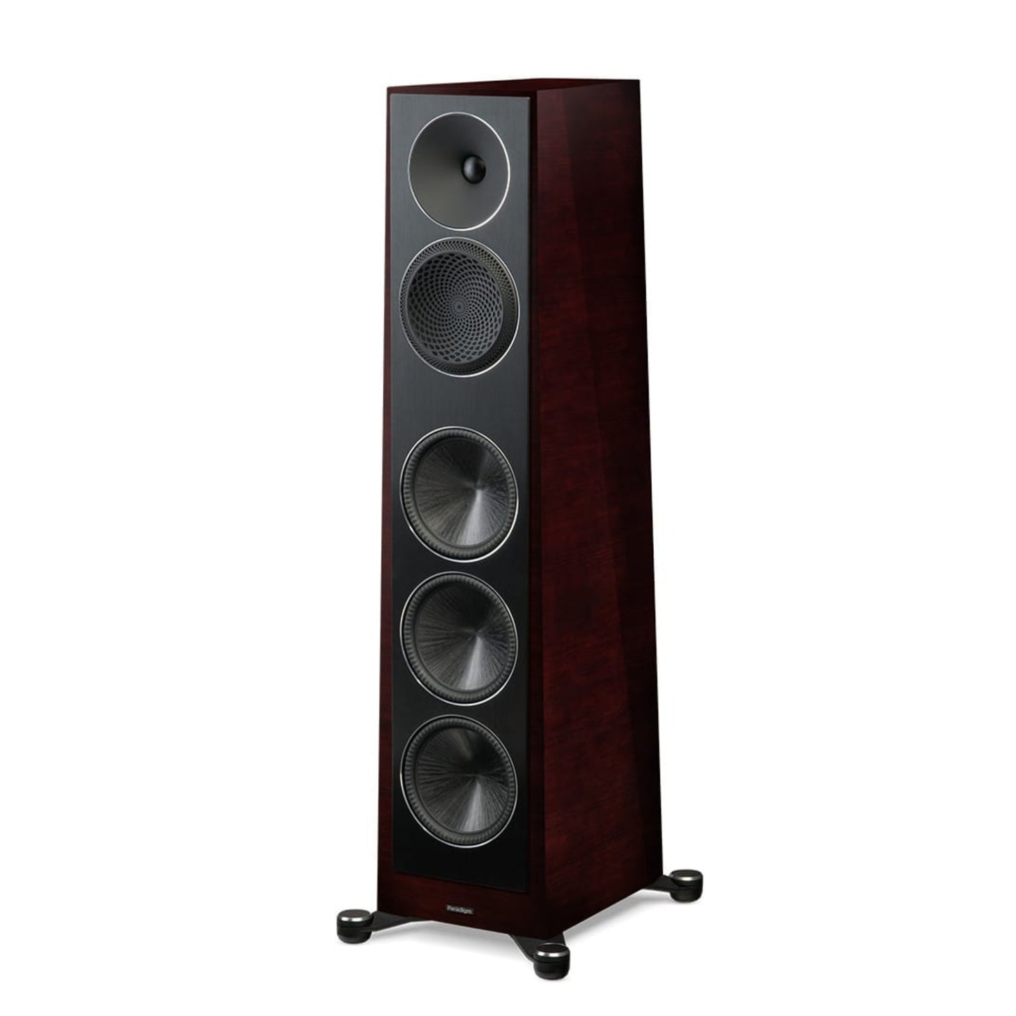 Floor-standing speaker with a wooden finish on a white background