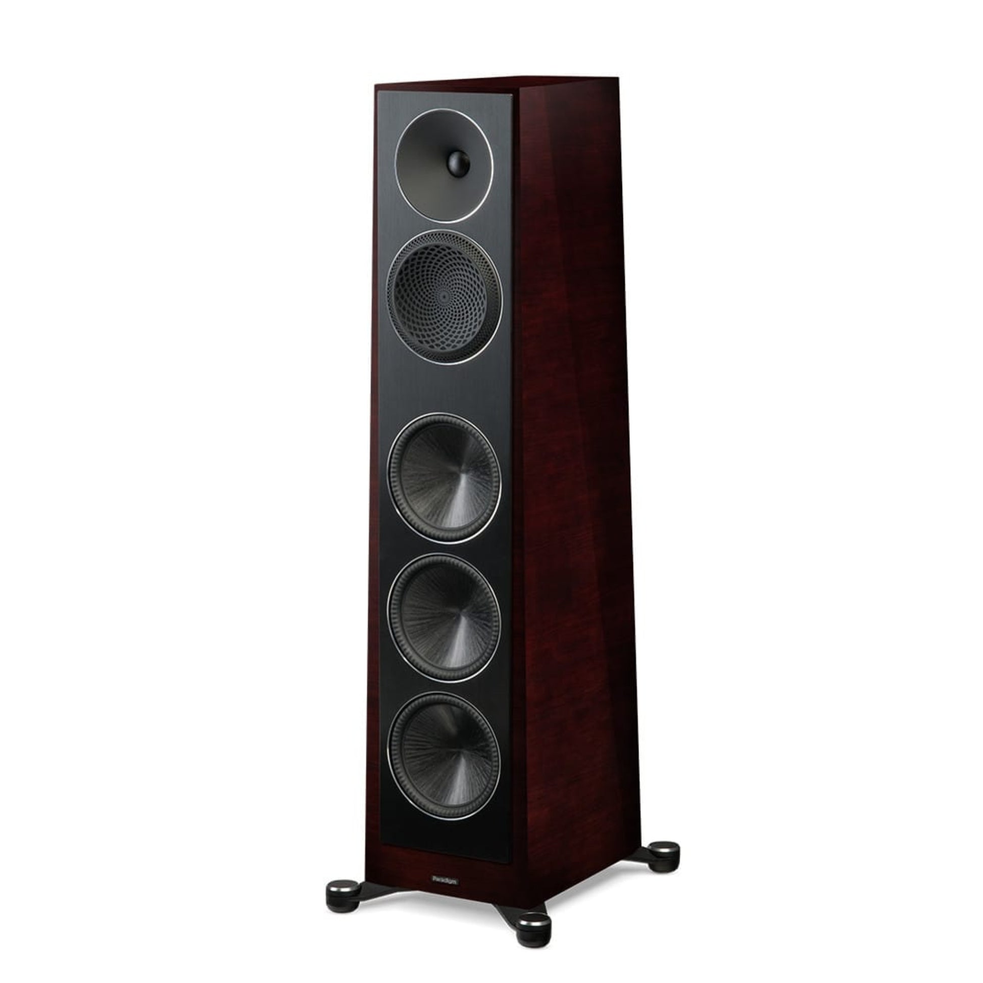 Floor-standing speaker with a wooden finish on a white background