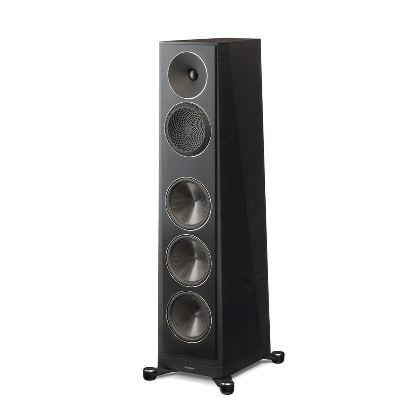 Black floor-standing speaker on a white background