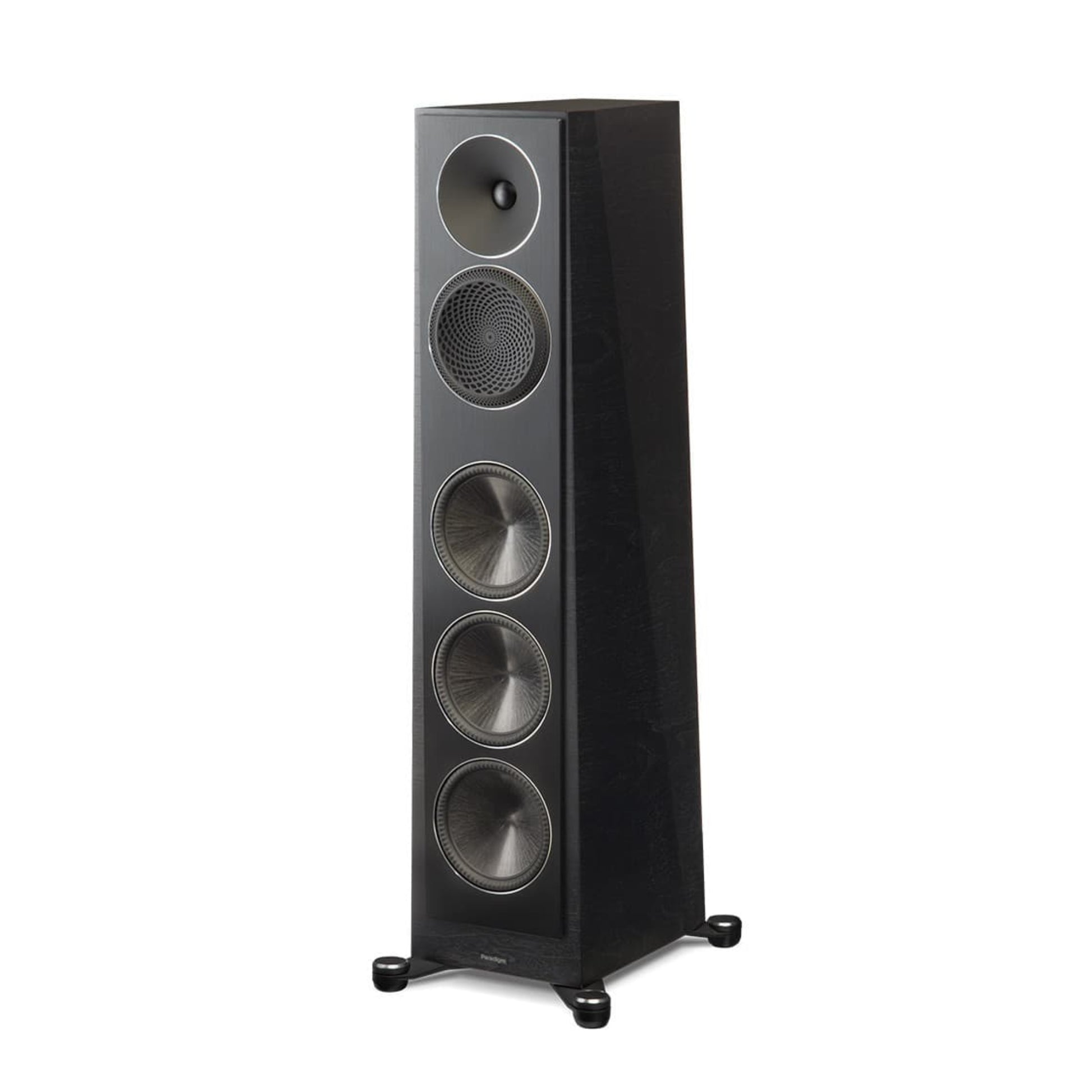 Black floor-standing speaker on a white background