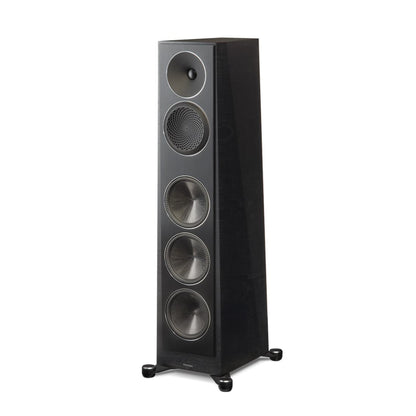Black floor-standing speaker on a white background