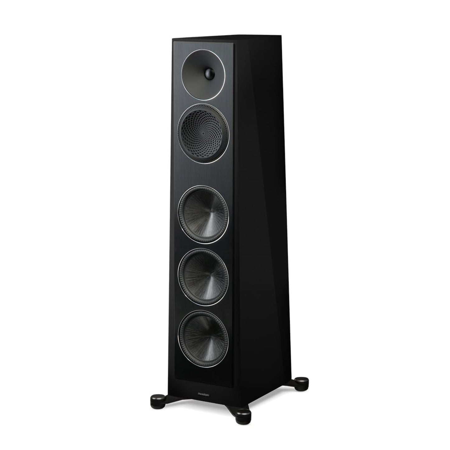 Black floor-standing speaker on a white background