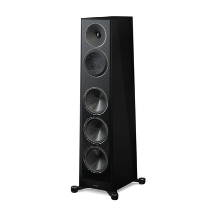 Black floor-standing speaker on a white background
