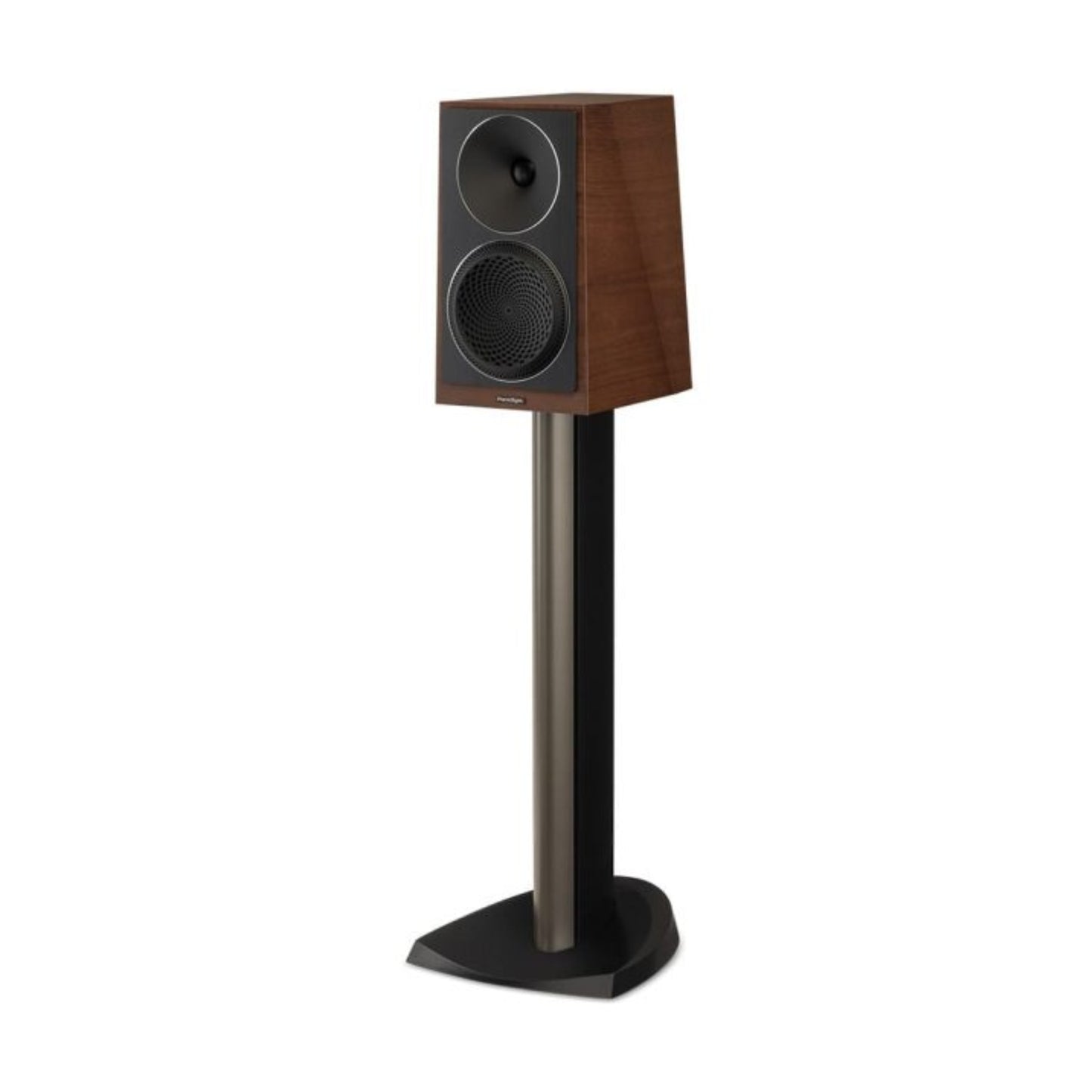 Wooden speaker on a stand with a white background