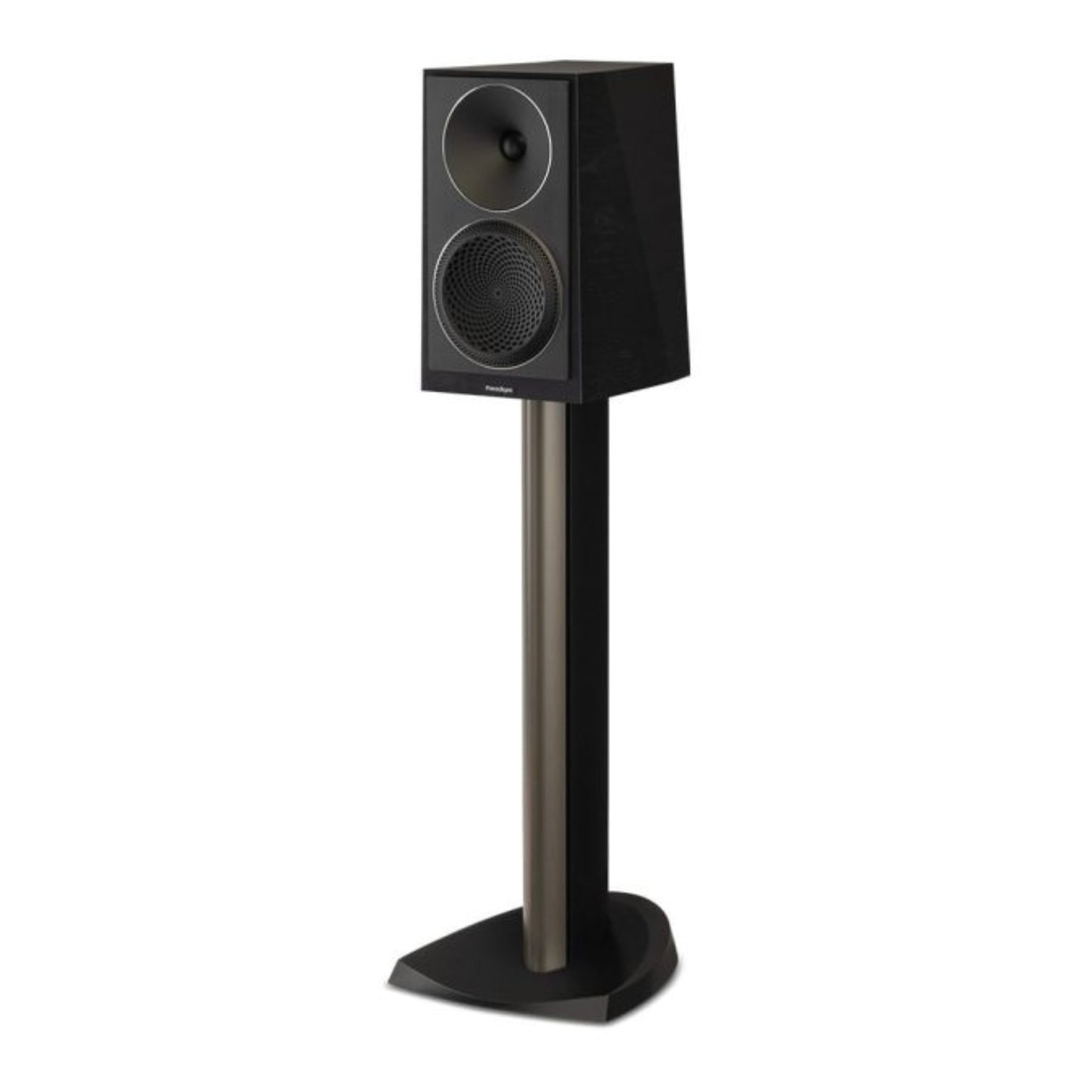 Black speaker on a stand against a white background