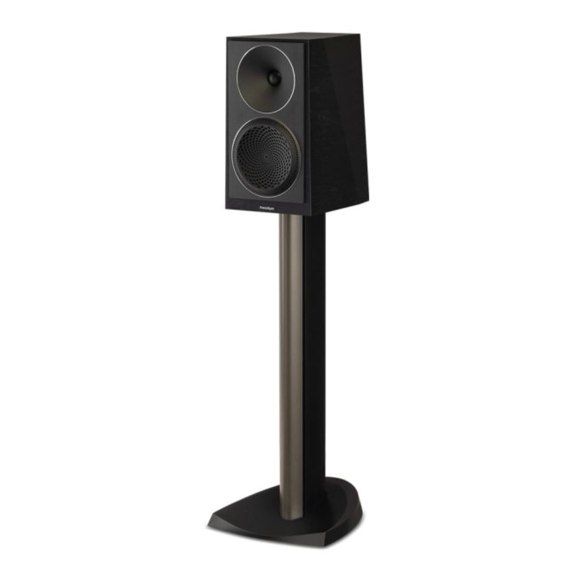 Black speaker on a stand against a white background