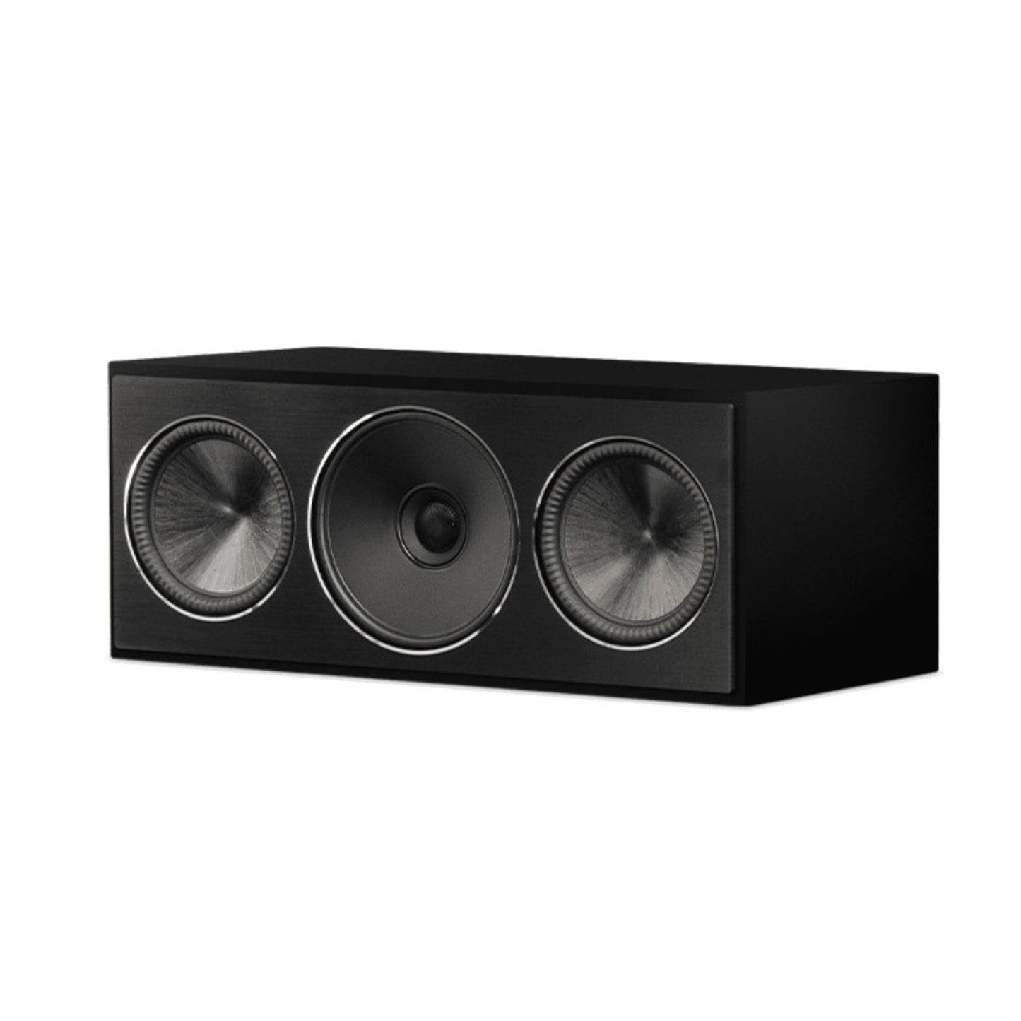 Black three-driver center channel speaker on a white background