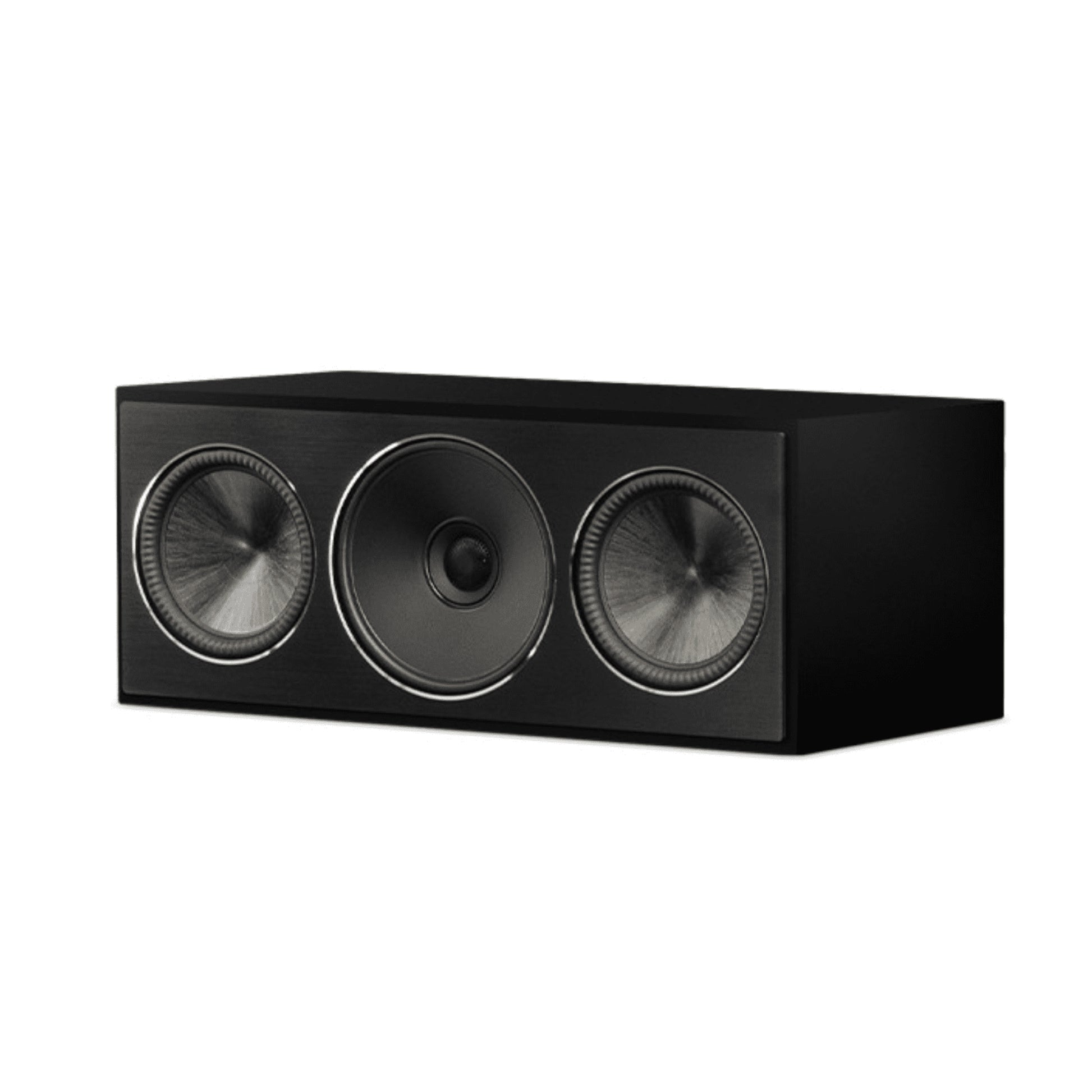Black three-driver center channel speaker on a white background