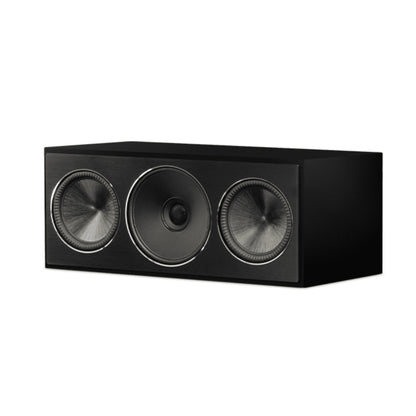 Black three-driver center channel speaker on a white background