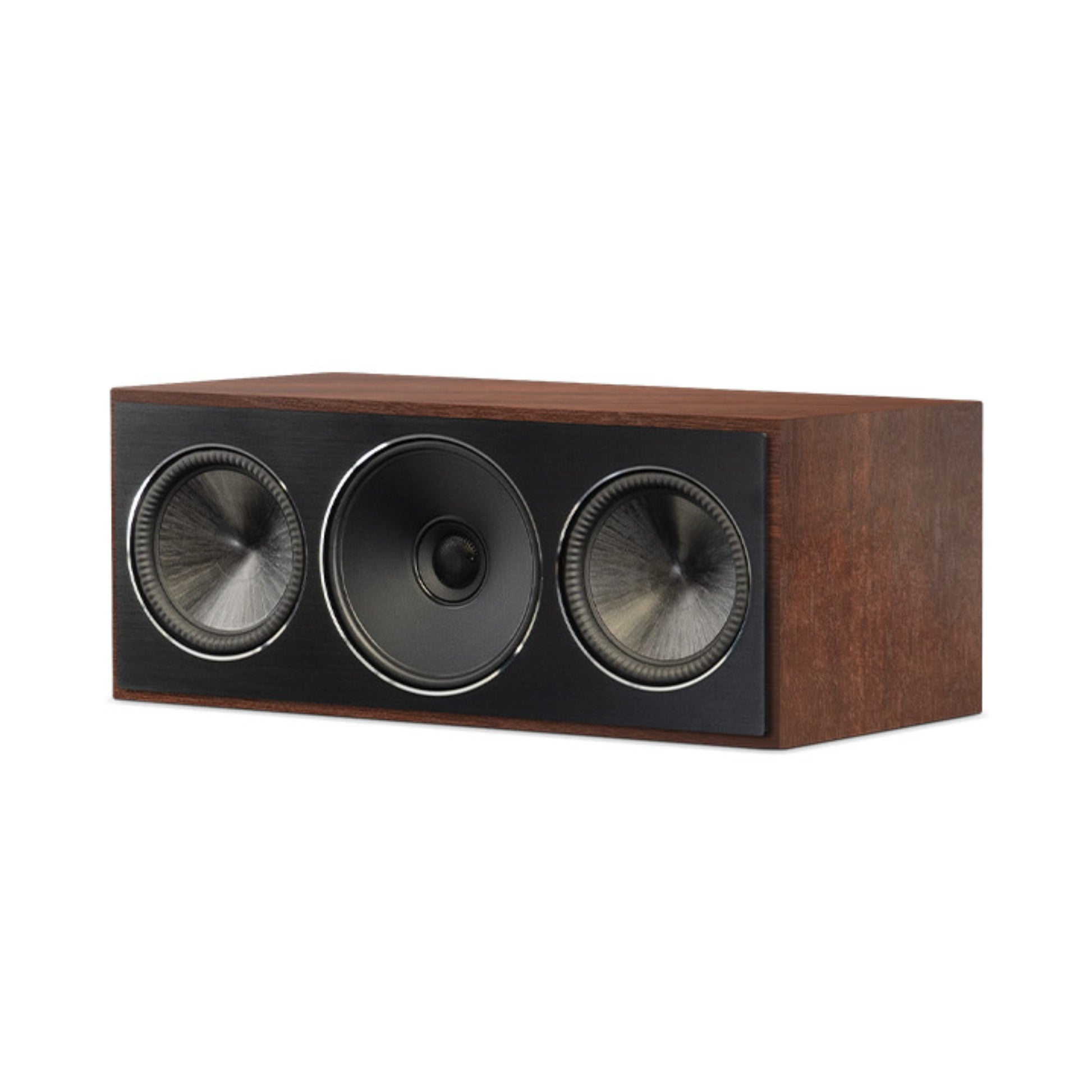 Wooden speaker with three circular drivers on a white background