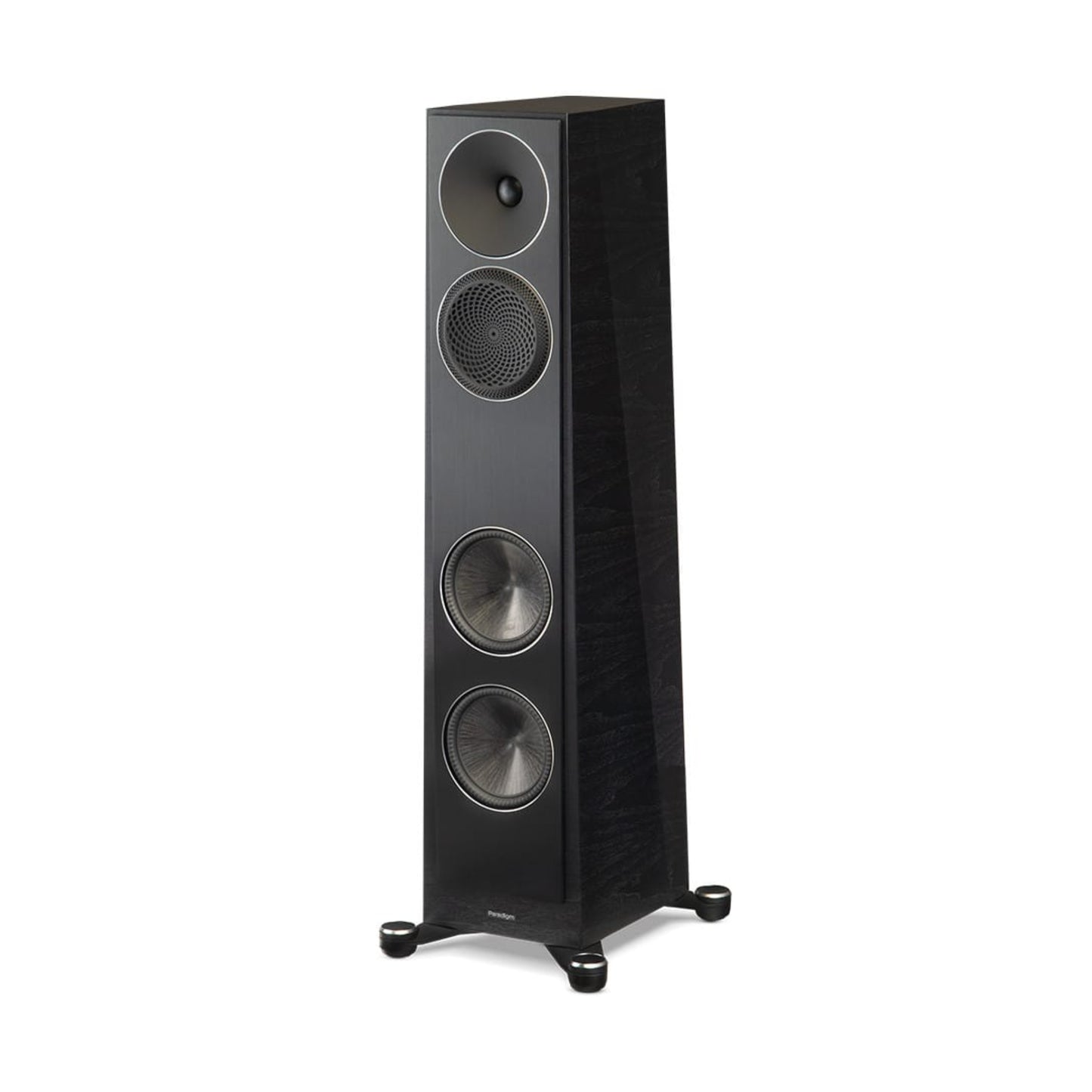 Black floor-standing speaker on a white background