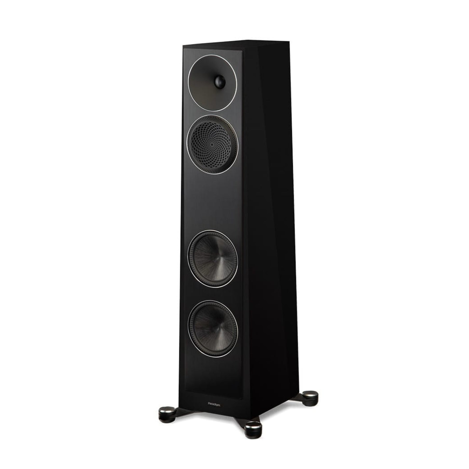 Black floor-standing speaker on a white background