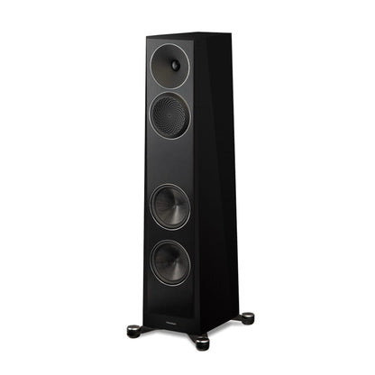 Black floor-standing speaker on a white background
