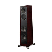 Floor-standing speaker with a wooden finish on a white background