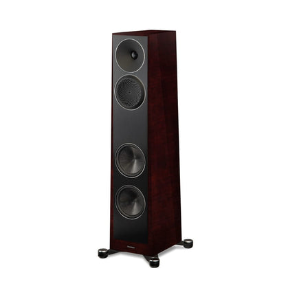 Floor-standing speaker with a wooden finish on a white background