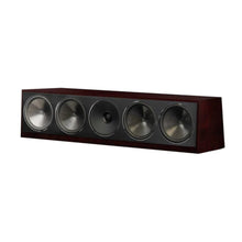 Center channel speaker with wooden finish on a white background